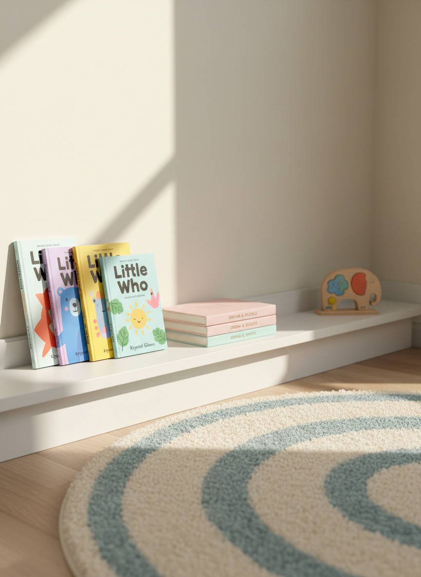 A bright, child-friendly corner of a room featuring a low, white bookshelf with a small cluster of colorful Little Who children’s books by Krystal Glenn, their covers bursting with playful abstract animal and nature shapes, alongside a few pastel-toned journals by Robin K. Smith stacked neatly to one side. A plush rug and a simple wooden toy in the blurred background reinforce the kid-focused area without including any people. Soft morning light from a nearby window creates a cheerful glow, with gentle shadows under the shelf. Photographic realism, slightly low angle to match a child’s eye level, balanced composition, and a warm, inviting mood that showcases both children’s stories and writing-friendly journals in one cohesive publishing space.