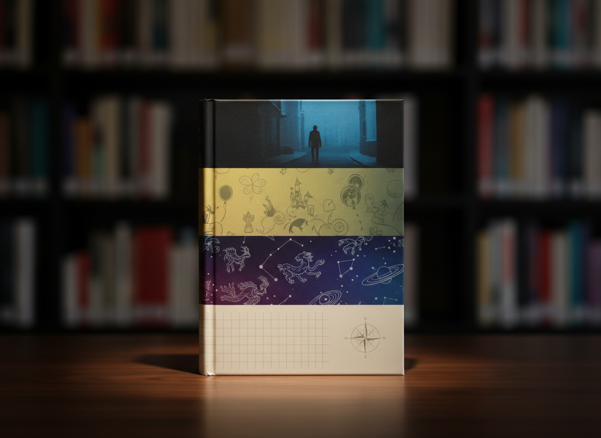 A close-up, photographic view of a single elegant hardcover book standing upright on a dark walnut surface, its cover design divided into subtle sections that visually hint at multiple genres—a shadowy silhouette for mystery, faint whimsical shapes for children’s stories, a constellation-like motif for fantasy, and a clean band suggesting nonfiction and journals. No readable words. The background falls into a soft bokeh of additional books on a shelf, colors blending gently. A narrow beam of soft spotlight from above-left highlights the spine and front cover, casting a slender shadow behind. The mood is sophisticated and professional, with a shallow depth of field and centered composition, ideal as a hero image for a publishing brand uniting multiple authors and book types.