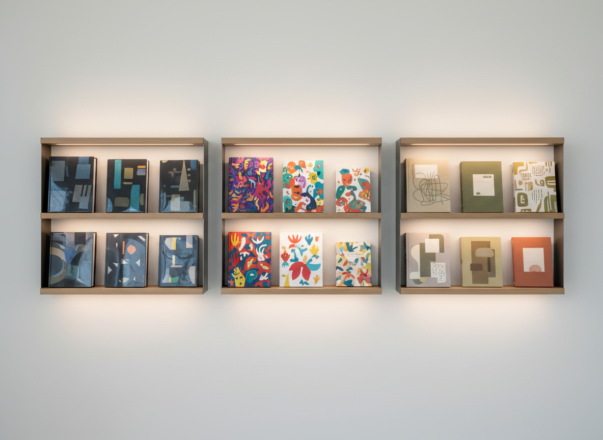 A long, contemporary bookshelf spanning the frame, segmented visually into distinct zones that represent different offerings: a section of darker, sleek mysteries; a middle area with vibrant, imaginative fantasy and Little Who children’s books in playful colors; and an end section with calm, understated journals and nonfiction in neutral tones. All covers are visible but contain only abstract art, no legible text. The shelf is set against a smooth, light-colored wall in a modern studio-like space. Even, soft studio lighting creates gentle reflections on some glossy covers, with crisp detail across the entire image. Photographic realism, straight-on perspective, wide composition, and a professional, curated mood that emphasizes range and easy navigation through a unified book brand.