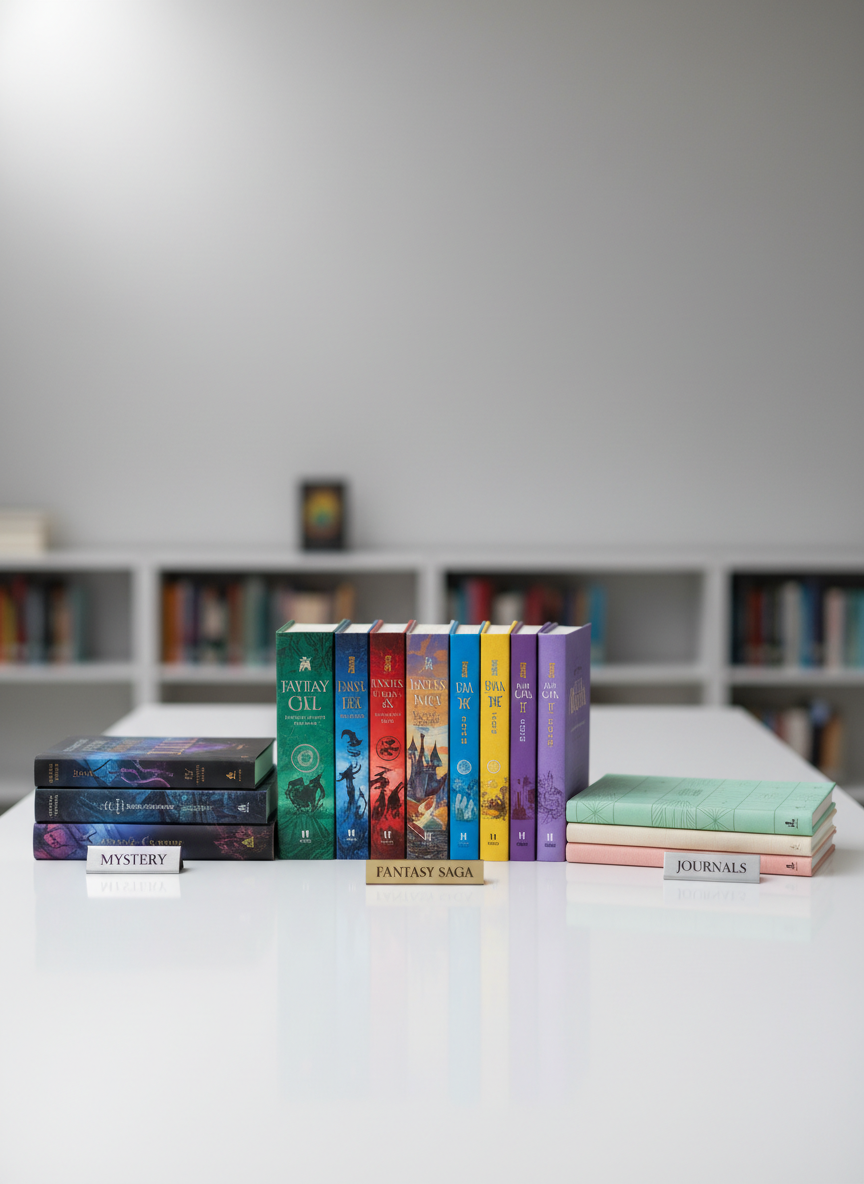 A polished white desk featuring three distinct book "collections" arranged in tidy clusters: a small stack of dark, moody mystery novels, a row of fantastical, color-rich fantasy books, and a set of minimalist, pastel-toned journals. Each group is clearly separated but harmoniously aligned, suggesting easy browsing of different authors and series. A neutral-toned wall and blurred shelving of additional titles fill the background. Soft studio lighting from above and slightly to the left creates even illumination with gentle shadows, giving the scene a professional, curated appearance. Captured from a slightly elevated angle with shallow depth of field, the image feels organized, modern, and aspirational, ideal for a professional book publishing site where visitors explore curated collections.