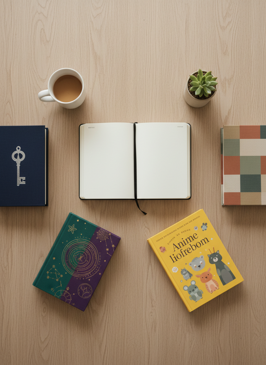 A clean, minimal flat lay of an open journal with creamy, blank pages resting on a light oak table, surrounded by neatly arranged closed books that hint at different authors: a deep navy mystery novel with a subtle abstract emblem, a jewel-toned fantasy book with star-like motifs, a bright, friendly children’s book with soft rounded shapes, and a thoughtful nonfiction in muted earth tones. A simple ceramic mug and a small potted plant complete the scene. Soft, diffused overcast light from above eliminates harsh shadows and brings out natural textures. Photographic realism, top-down composition, balanced and airy, conveying clarity, focus, and the professional organization of a publishing catalog where visitors can easily explore each type of title.