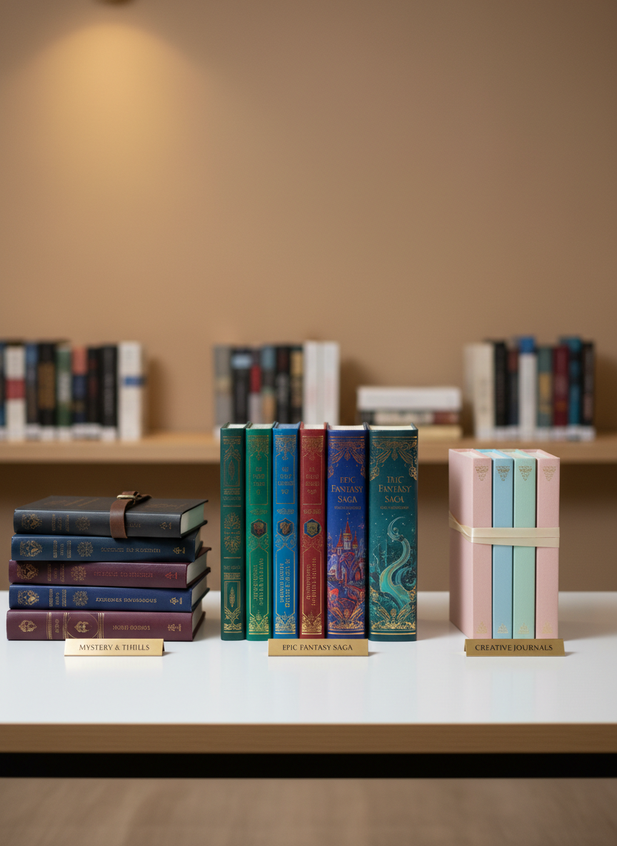 A polished white desk featuring three distinct book "collections" arranged in tidy clusters: a small stack of dark, moody mystery novels, a row of fantastical, color-rich fantasy books, and a set of minimalist, pastel-toned journals. Each group is clearly separated but harmoniously aligned, suggesting easy browsing of different authors and series. A neutral-toned wall and blurred shelving of additional titles fill the background. Soft studio lighting from above and slightly to the left creates even illumination with gentle shadows, giving the scene a professional, curated appearance. Captured from a slightly elevated angle with shallow depth of field, the image feels organized, modern, and aspirational, ideal for a professional book publishing site where visitors explore curated collections.