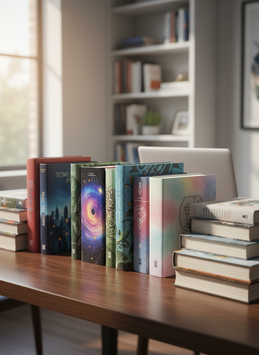 A neatly stacked collection of diverse books arranged on a smooth, dark wood tabletop, each cover clearly visible with distinct colors and designs suggesting mysteries, fiction, nonfiction, children’s stories, fantasy, and journals. No readable text, just shapes and patterns that hint at genres: a shadowy cityscape, a whimsical forest, a starry sky, and a soft pastel notebook. The scene is set in a bright, contemporary home office, with a blurred bookshelf and a sleek laptop in the background. Soft morning sunlight streams in from a nearby window, creating gentle highlights on glossy covers and subtle shadows along the table edge. Photographic realism, eye-level angle, clean and modern composition, calm and inviting mood that emphasizes discovering and buying books.