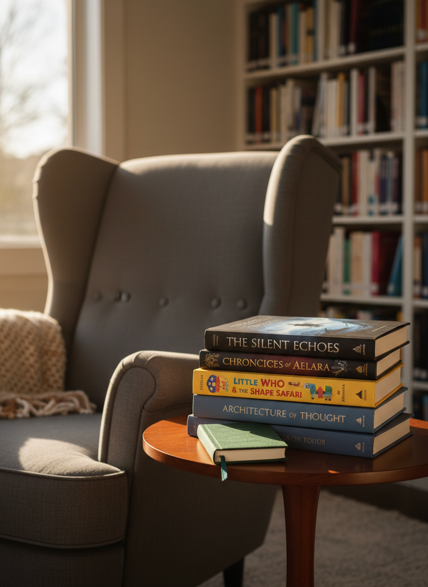 An inviting reading nook featuring an overstuffed gray armchair beside a small, round wooden side table stacked with a varied tower of books representing the catalog: a moody mystery on top, a bright Little Who children’s book with playful shapes, a richly colored fantasy volume, a thoughtful nonfiction hardcover, and a slim journal with a soft fabric cover. Behind them, a tall bookshelf holds more blurred, colorful spines. Warm late-afternoon sunlight filters through a nearby window, creating golden highlights on the book edges and velvety shadows on the chair. Photographic realism, shot at eye level with the stack of books as the focal point, the mood is cozy, welcoming, and professional, emphasizing the joy of exploring and purchasing stories.
