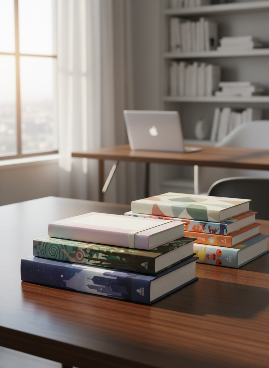A neatly stacked collection of diverse books arranged on a smooth, dark wood tabletop, each cover clearly visible with distinct colors and designs suggesting mysteries, fiction, nonfiction, children’s stories, fantasy, and journals. No readable text, just shapes and patterns that hint at genres: a shadowy cityscape, a whimsical forest, a starry sky, and a soft pastel notebook. The scene is set in a bright, contemporary home office, with a blurred bookshelf and a sleek laptop in the background. Soft morning sunlight streams in from a nearby window, creating gentle highlights on glossy covers and subtle shadows along the table edge. Photographic realism, eye-level angle, clean and modern composition, calm and inviting mood that emphasizes discovering and buying books.